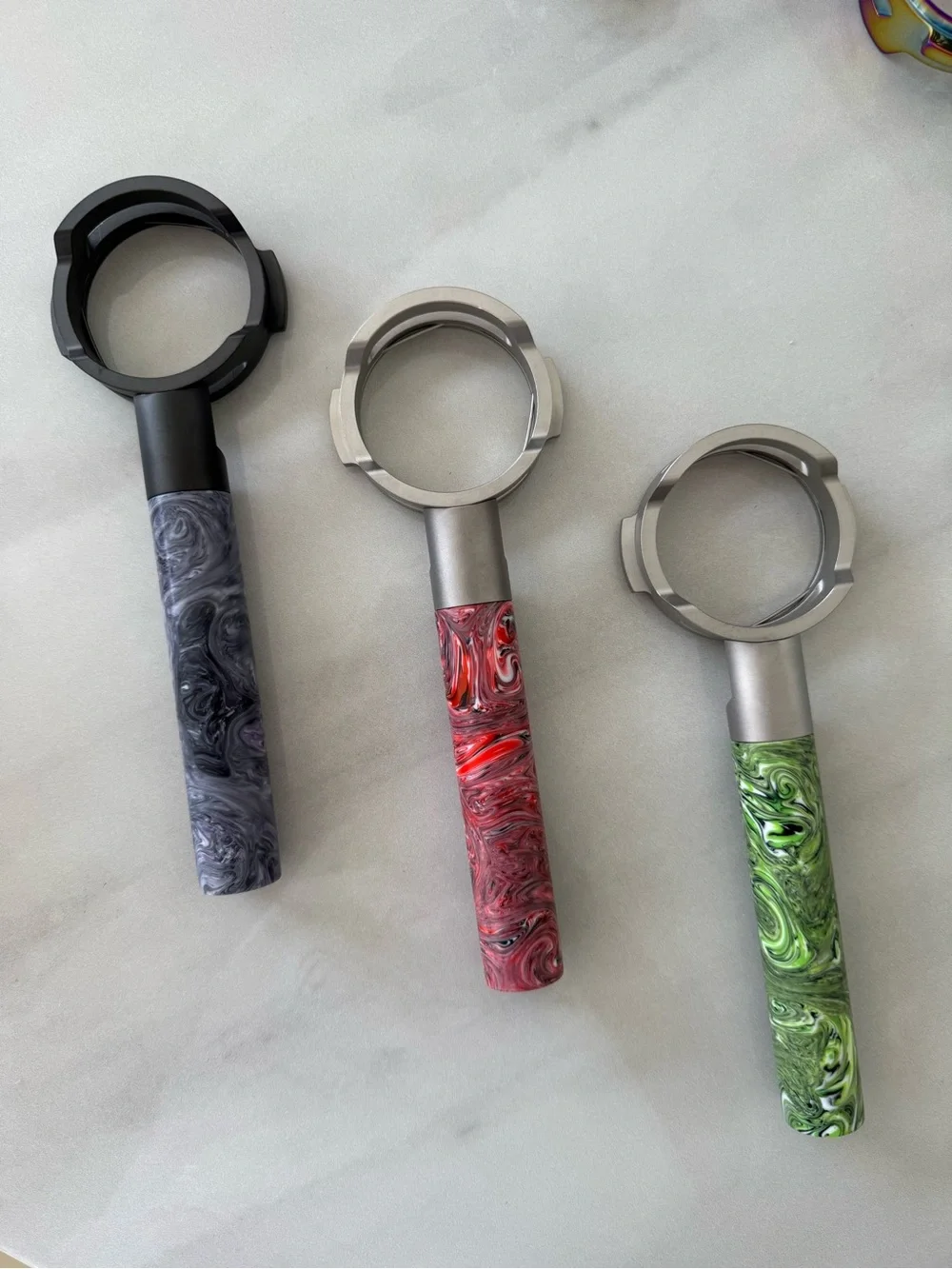 58mm Swirled Resin Handle Portafilter Holder - Red, Green, Gray